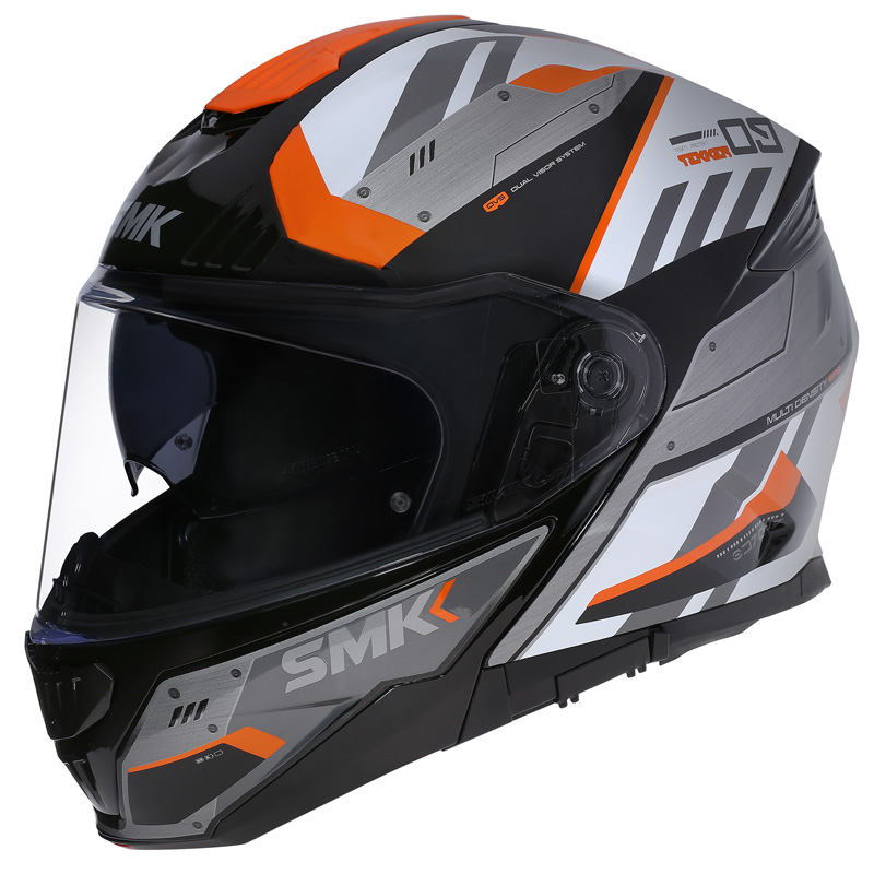 105-GL217-8 SMK HELMETS GULLWING HELMET - TEKKER BLACK/WHITE/ORANGE (4XL) GULLWING HELMET - TEKKER BLACK/WHITE/ORANGE (4XL) Modular Flip-Up Helmet 