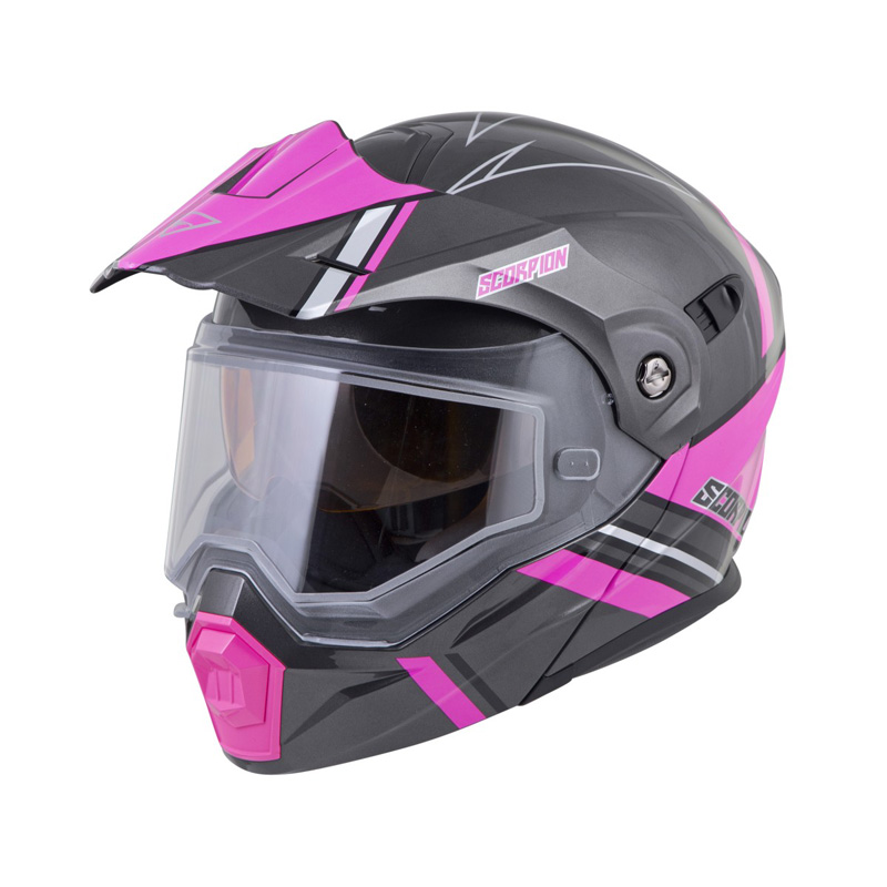 95-1397-SE SCORPION EXO-AT950 SNOW HELMET (ELECTRIC SHIELD) - TETON - SILVER/PINK (2XL) EXO-AT950 SNOW HELMET (ELECTRIC SHIELD) - TETON - SILVER/PINK (2XL) Modular Flip-Up Helmet 